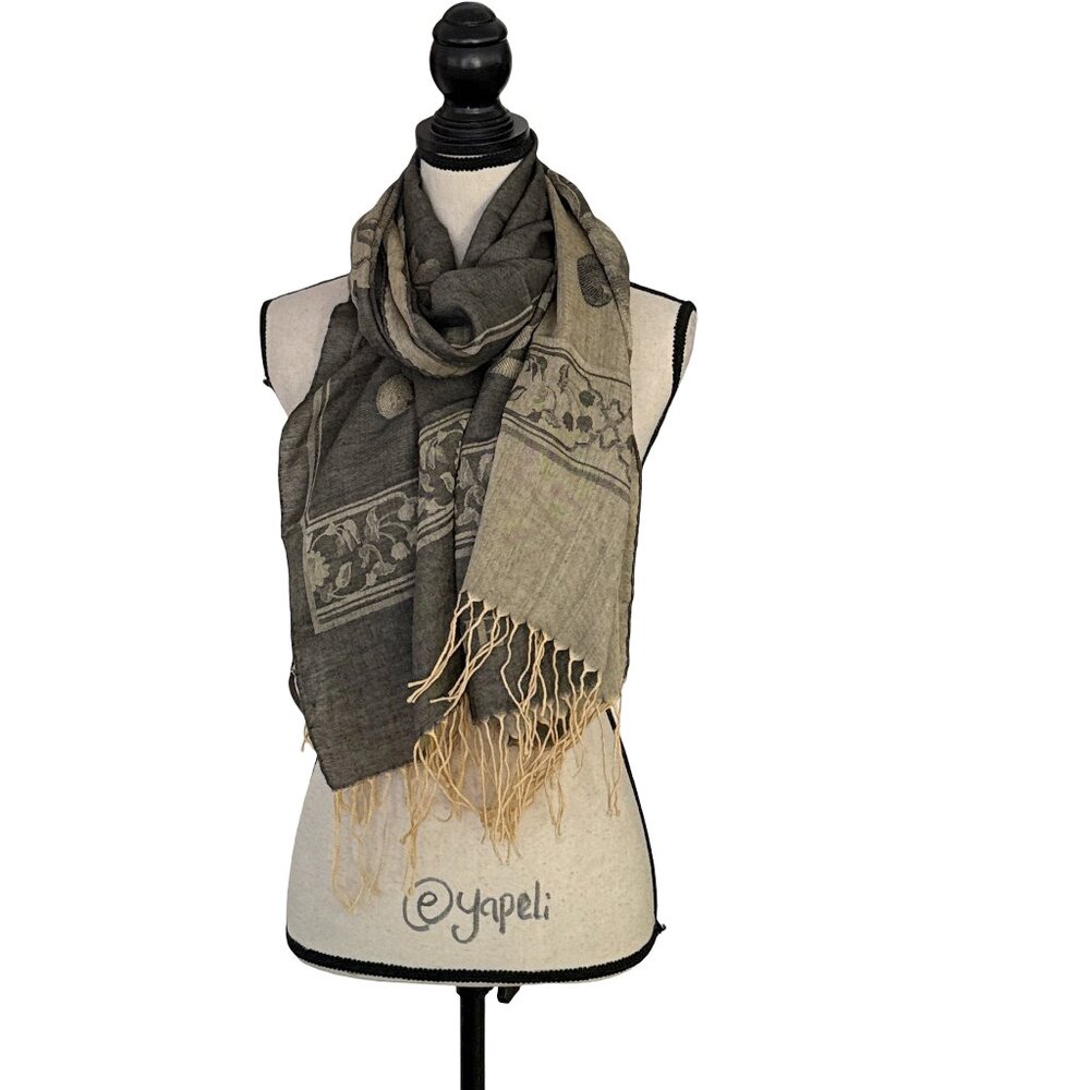 Loewe silk cashmere floral print grey tan scarf